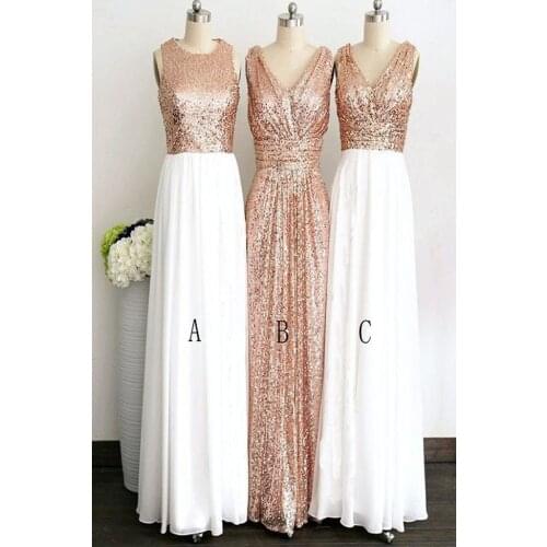 Rose Gold Long White Chiffon Bridesmaid Dresses Sleeveless V-neck Sequined Bridesmaid Dress