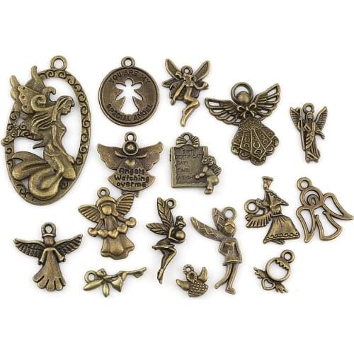 DoreenBeads Fashion Zinc Based Alloy DIY Pendants Mixed Antique Bronze Fairy & Angel 4.7x2.6cm - 1x0.9cm, 1 Set ( 16 PCs/Set)