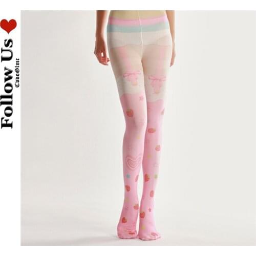 Lolita Strawberry Print Pantyhose Tights Woman Harajuku Love Bowknot Leggings Stockings 2021 Summer Fashion Female Long Pants