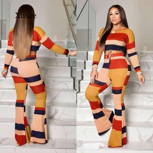 Womens Color Striped Patchwork Knit Trousers Two-Piece Suit Drawstring Ladies Spring Casual Long Sleeve Wear Clothes Set Outfits
