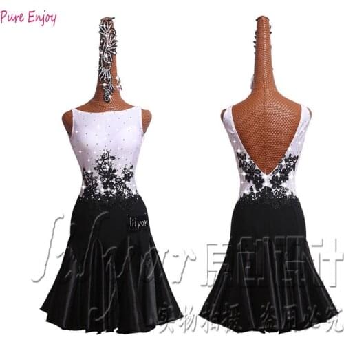 Latin Dance Dress For Women White vs Black Sleeveless Tango Dress Dance Party Host Singer Clothes Competition Latin Dress