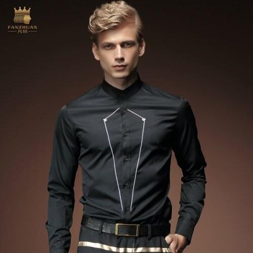 FanZhuan Free Shipping New Mans party 2015 autumn male embroidered pattern black slim stand collar long-sleeve shirt top 2028
