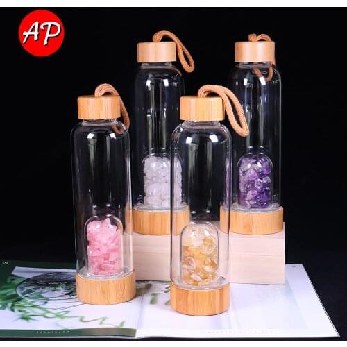 Natural Crystal Gemstone Glass Water Bottle Rose Quartz Gravel Direct Drinking Cup Bamboo Cup Cover Energy Drink Water Bottle
