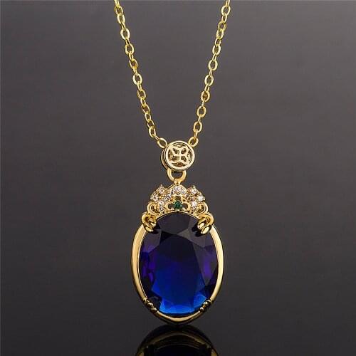 Vintage Carving Oval Sapphire Gemstones Blue Crystal Pendant Necklaces For Women 18k Gold Color Zircon Diamonds Choker Jewelry
