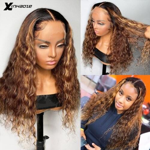 Highlight Transparent Lace Brown Human Hair Wig Water Wave Highlight 4x4 Lace Closure Wig Blonde Brazilian 13x4 Lace Frontal Wig