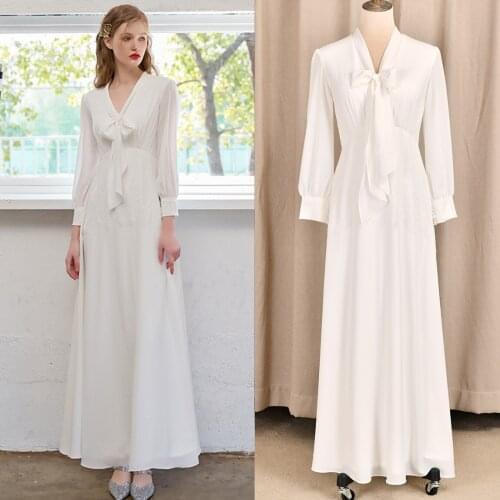 Simple Chiffon Wedding Bridal Gown Ribbon Long Sleeve Lace 2021 A Line V Neck Formal Bridesmaid Engagement Toast Dress 4164