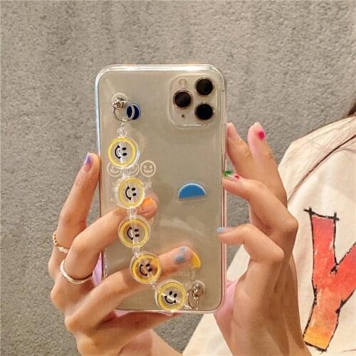 Cute Cartoon Smile Face Bracelet Clear Phone Case For iPhone 12 11 Pro Max X XS XR 7 8 Plus SE20 Colorful Chain Soft Cover Coque