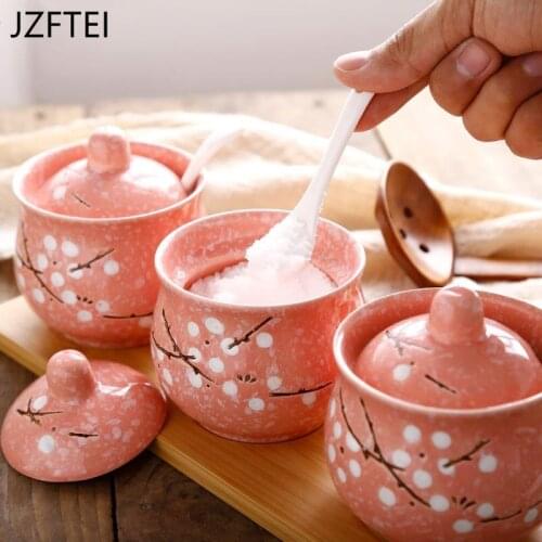 Hand Painted Illustration Spice Jar Three Sets Of Setjapanese-style Kitchenware Storage Spice Tool With Lid And Spoon