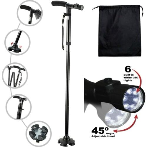 LED light walking stick T-handle walking cane for elderly people folding hiking trekking poles telescopic baton defense stick