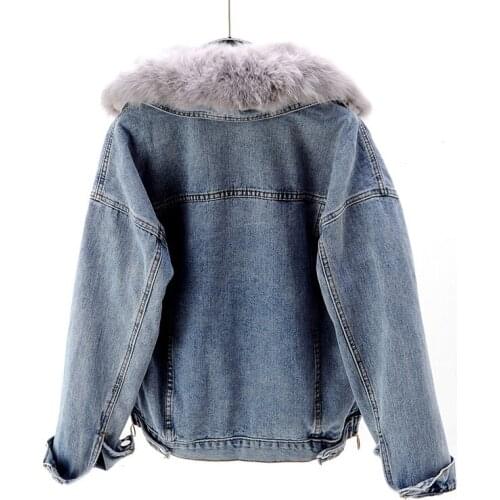 Winter Rabbit Fur Inner Detachable Fox Fur Collar Loose Denim Coat Women Casual Single Breasted Warm Vintage Cowgirl Jacket M L