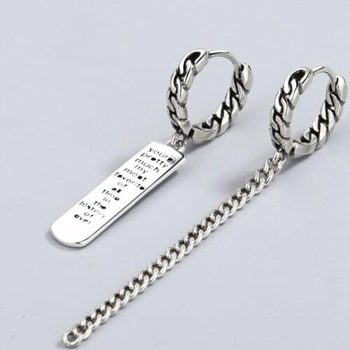 Vintage Letter Long Tassel Chain Asymmetric Hoop Earrings For Women Thai 925 Sterling Silver Trendy Fashion Korean Jewelry