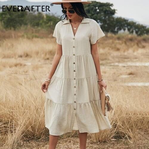 EVERAFTER Elegant Single-breasted Solid Dress Women V-neck Short Sleeve High Waist Long Dress Casual Summer Fashion Ladies Dress