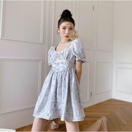 Korobov 2021 New Arrival Square Collar Women Dress Preppy Style Puff Sleeve A-Line Dresses Female Sweet Chic Vestidos Femme