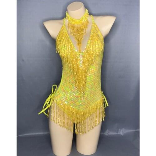 Flashing Yellow Sequins One-Piece Bodysuit Womens Singer Dance Sexy Evening Carnival Costumes Stage Dance Wear Nightclub Outfit
