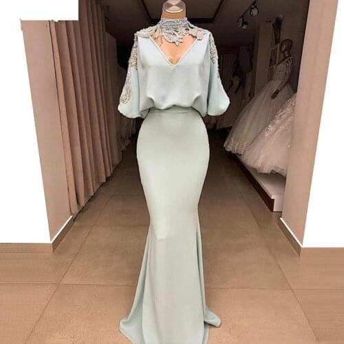 Gorgeous Arabic Formal Evening Dress 2020 Half Sleeve High Neck Mermaid Prom Dresses Dubai Women Party Gowns Robe de soiree