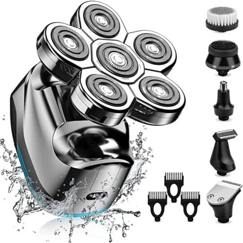 6 In 1 Mens Rechargeable Bald Head Electric Shaver 6 Floating Face Heads Beard Nose Ear Hair Trimmer Razor Clipper Facial Brush