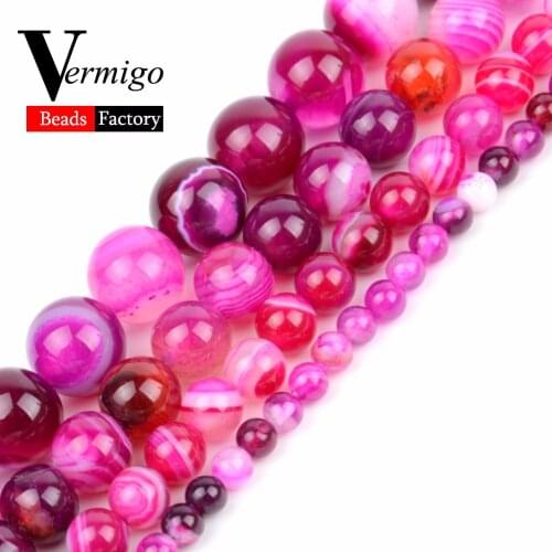 4-12mm Natural Stone Beads Fuchsia Stripe Agates Round Loose Beads For Jewelry Making Ball Shape Diy Bracelet 15"
