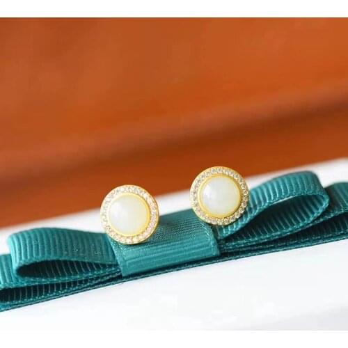 Ancient Gold Inlaid Natural Hetian Jade White Jade Stud Earrings S925 Sterling Silver Stylish round Petite Earrings Earrings Je