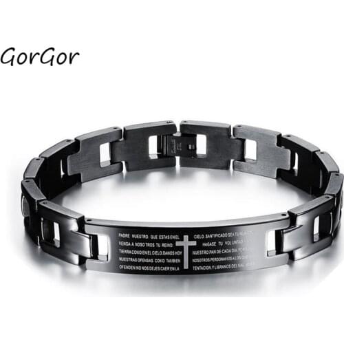 GorGor Bracelets Men Titanium Steel Cross Engraved English and Spanish Bible Prayer Individuality Accessories TS-768