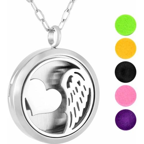 IJP0142 Aromatherapy Essential Oil Diffuser Necklace - Stainless Steel Angel Heart Wing Round Locket Pendant