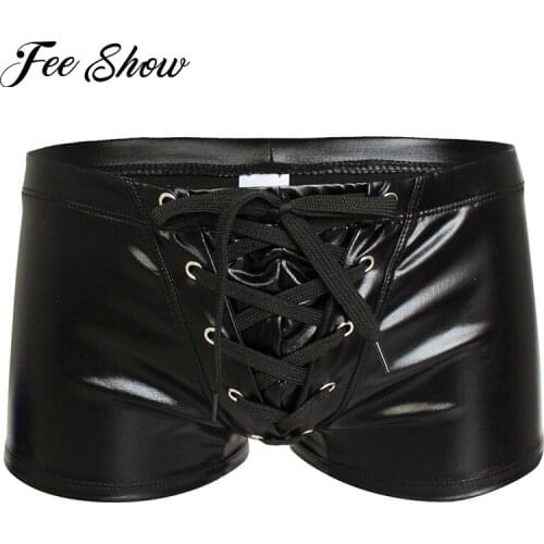 Gay Mens Patent Leather Pants Latex Underwear Men Swimwear Boxer Drawstring Trunk Wetlook Swimsuit Lingerie Pants Cueca Boxer