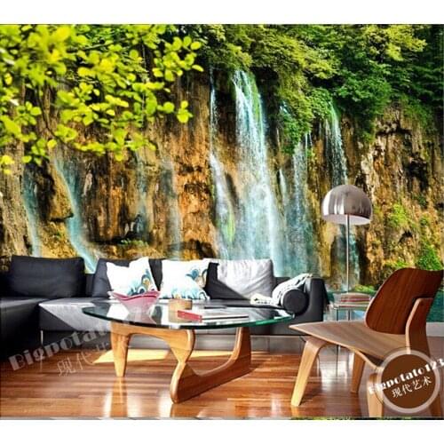 The latest 3D murals,beautiful green tree branches leaves stone waterfall scenery, living room TV sofa bedroom wall paper