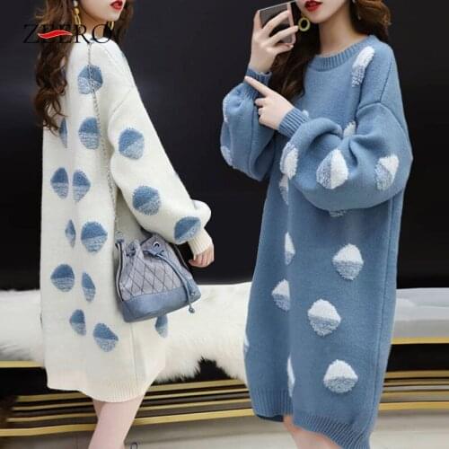 Autumn Korean Women White Thick Lantern Sleeve Knitted Loose Dress Elegant Female Casual Winter Midi Sweater Dresses Plus Size