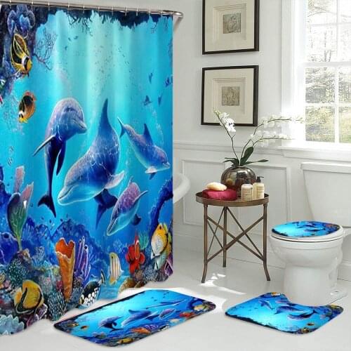Ocean Style Underwater World Dolphin Shower Curtain Anti-skid Bath Rugs Carpet Toilet Lid Cover Bath Mat Bathroom Decor