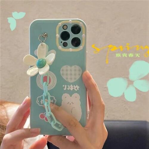 Shockproof Wrist Chain Clear Phone Case for iPhone 12 Pro Max 7 8 Plus XR X Cute Flower Crystal chain Hanging Case for iPhone 11