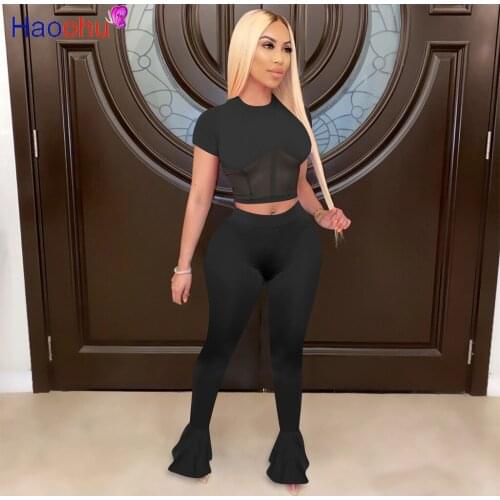 HAOOHU Sexy Two Piece Set Women Tracksuit Summer Clother Mesh Sheer Splice Crop Top Flare Pant 2 Pcs Club Outfits Matching Sets