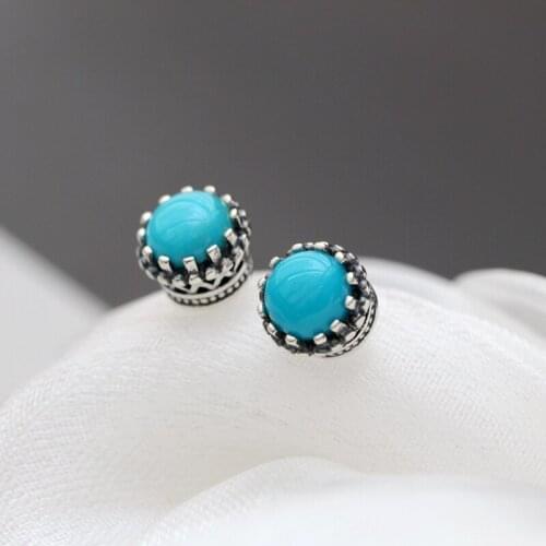 Authentic 925 Sterling Silver Earstuds Lady Retro Style Charm Natural Turquoise Silver Earring Creativ Trendy Jewelry Gift
