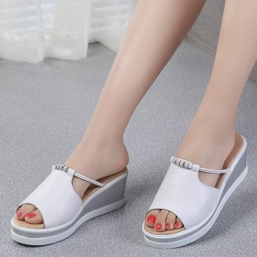 Shoes Woman Platform Slippers Wedge Slippers Rhinestone Slides White Slippers Women Summer Women Fashion Sandals Slides Zapatos