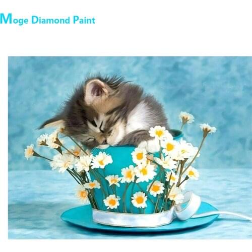 Blue Tea Cup Flower Cat Diamond Painting Round Full Drill Cartoon Animal Nouveaute DIY Mosaic Embroidery 5D Cross Stitch