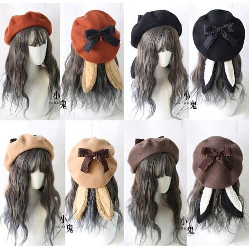 Japanese Sweet Lolita Beret Girls Heart Woolen Detachable Rabbit Ear Bowknot Warm Painters Hat Handmade Autumn Winter Cap