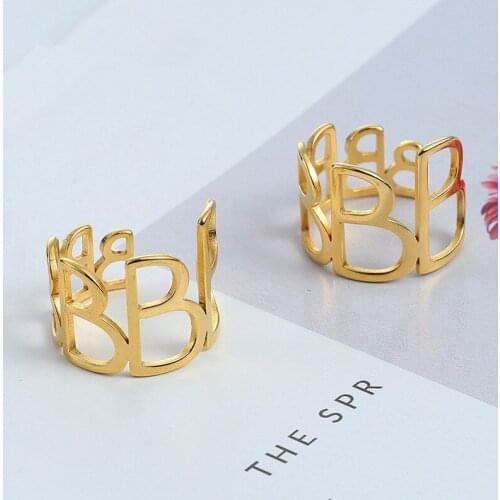 Stainless steel jewelry, personalized golden geometric open letter B, adjustable cold wind ring