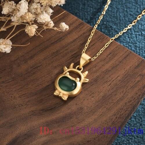 Green Jade Cattle Pendant Chinese Jewelry Necklace Gifts Fashion Crystal Charm Chalcedony 925 Silver Amulet Women Natural