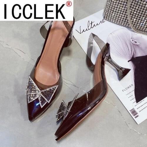 Size 42 Spring/Autumn 2021 Womens Shoes Fashion Butterfly-Knot Narrow Band Bling Patchwork Cross-Tied Crystal Peep Toe Pumps