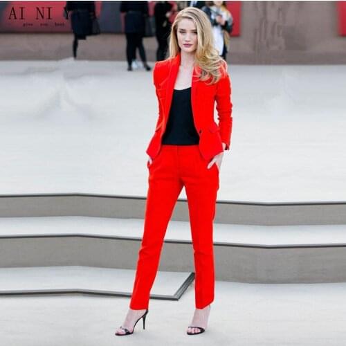 Red Women Business Suits Formal Work Wear 2 Piece Sets Office Uniform Styles Laodes Elegant Pant Suits Female Casual Office Suit
