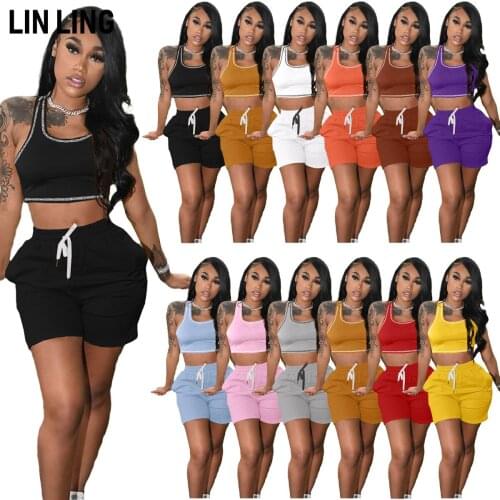 LINLING Womens Sexy Bodycon Tank Crop Top Shorts Sets Club 2 Piece Outfits Summer Active Tracksuit