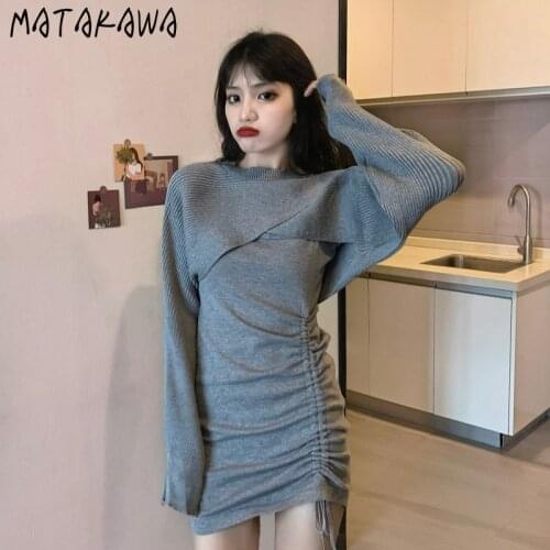 Matakawa Autumn Dress Cross Round Neck Long Sleeve Drawstring Sling Dresses Solid Pleated High Waist Slim Vestido De Mujer