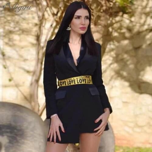 Ailigou 2021 New Womens Dress High Quality Fashion Sexy Black Long Sleeve V-Neck Belt Bodycon Celebrity Party Dress Vestidos