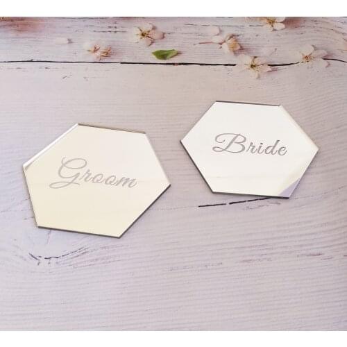 Bride and Groom Acrylic Mirrored Hexagon Place Cards, Geometric Bride and Groom Table Setting ,Wedding Place Cards, Bride and Gr