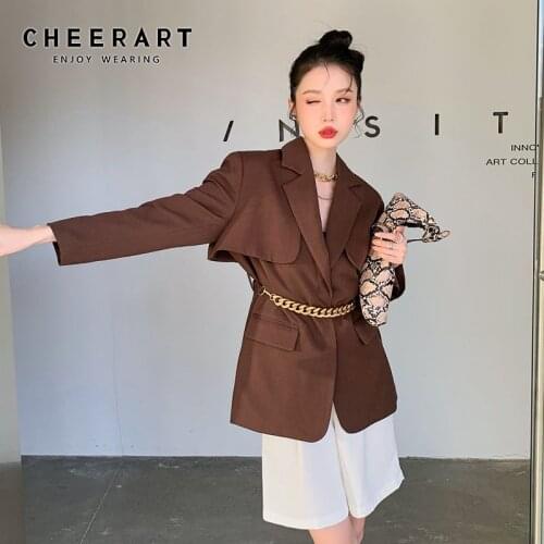 CHEERART Brown Blazer Jackets For Women 2021 Fall Clothes Fashion Ladies Chain Jacket Black Coat Open Front Belt Long Blazer