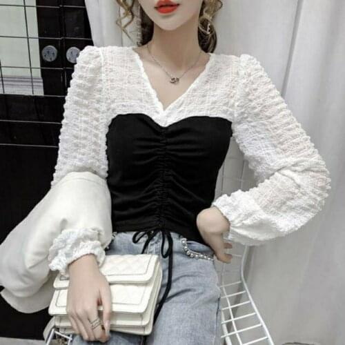 Fake Two Pieces Long Sleeve Patchwork Blouse Lace-up Design Elegant Shirts Female Fashion Tops Womens T-shirts Plus Size Tops