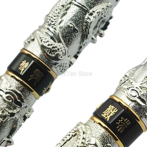 Jinhao Ancient Double Dragon Playing Pearl, Metal Carving Embossing Heavy Pen Silver For Office & School & Home Rollerball Pen