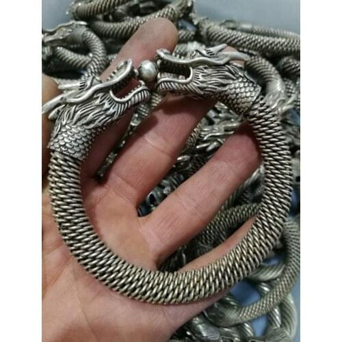 Collection China Tibetan silver Carved Double headed Dragon Silver Bracelet