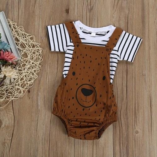 Newborn Baby Boy Girl Clothes Sets Cute Bear Cartoon Striped T-shirt Top and Bib Pants Overalls Cotton Outfits