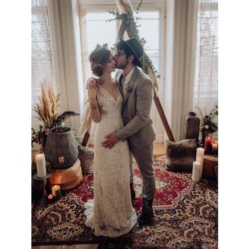 Lace Garden Boho Wedding Dresses Sweep Train Custom Made Country Rustic Beach Backless Cap Sleeves V Neck Bridal Gowns 794