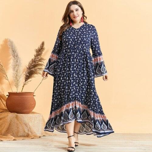 M-4XL Retro Floral Print Boho Dress Women Summer V Neck Long Sleeve Casual Long Dress Plus Size Maxi Beach Dresses