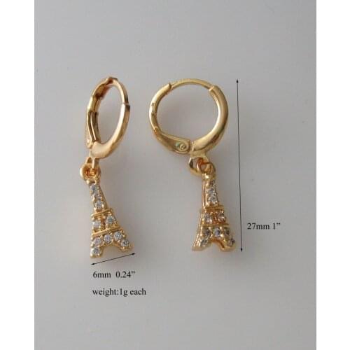 MIN ORDER 10$/Can Mix Design/ NEW DANGLE 1" - YELLOW GOLD GP MICRO INSERT ZIRCON STONE Eiffel Tower WIDTH 6MM DANGLER EARRING